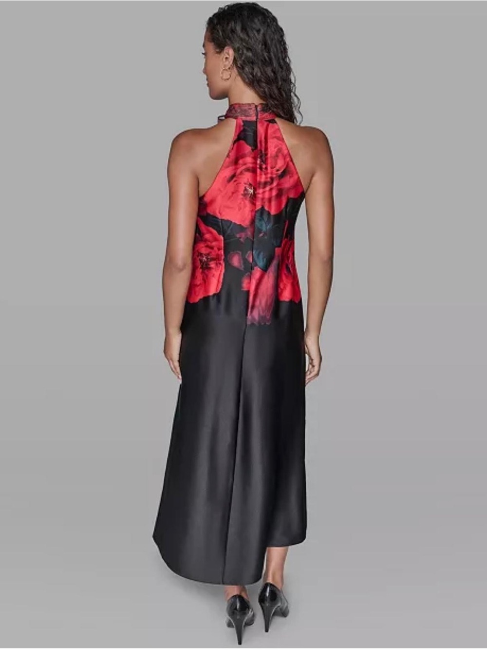 Karl Lagerfeld Black One-Shoulder Dress with Red Floral Back Panel